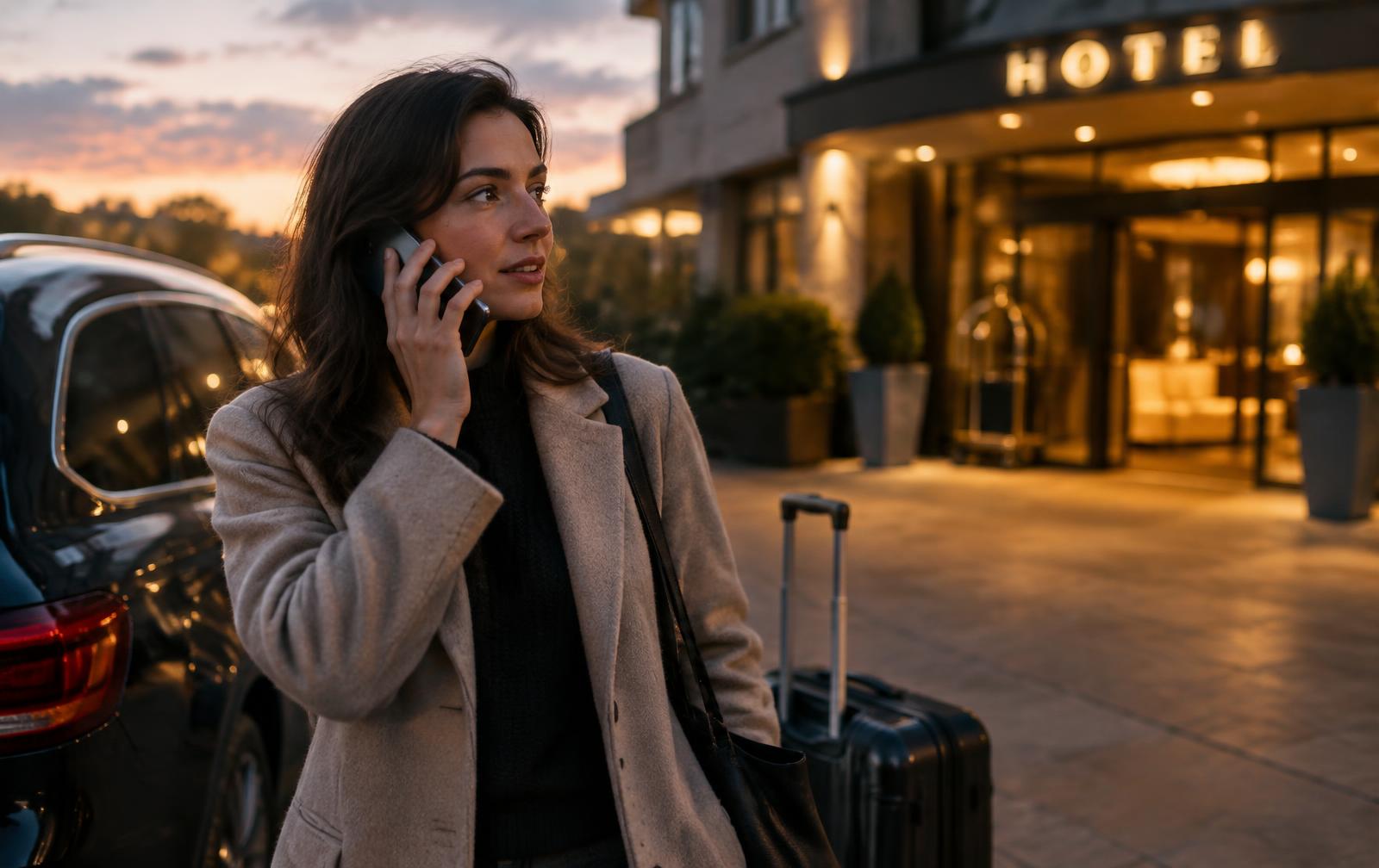 Traveller phoning ahead beside a car with luggage at dusk