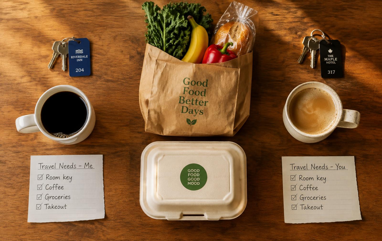 Flat-lay of room keys, coffee, groceries and takeout comparing travel needs