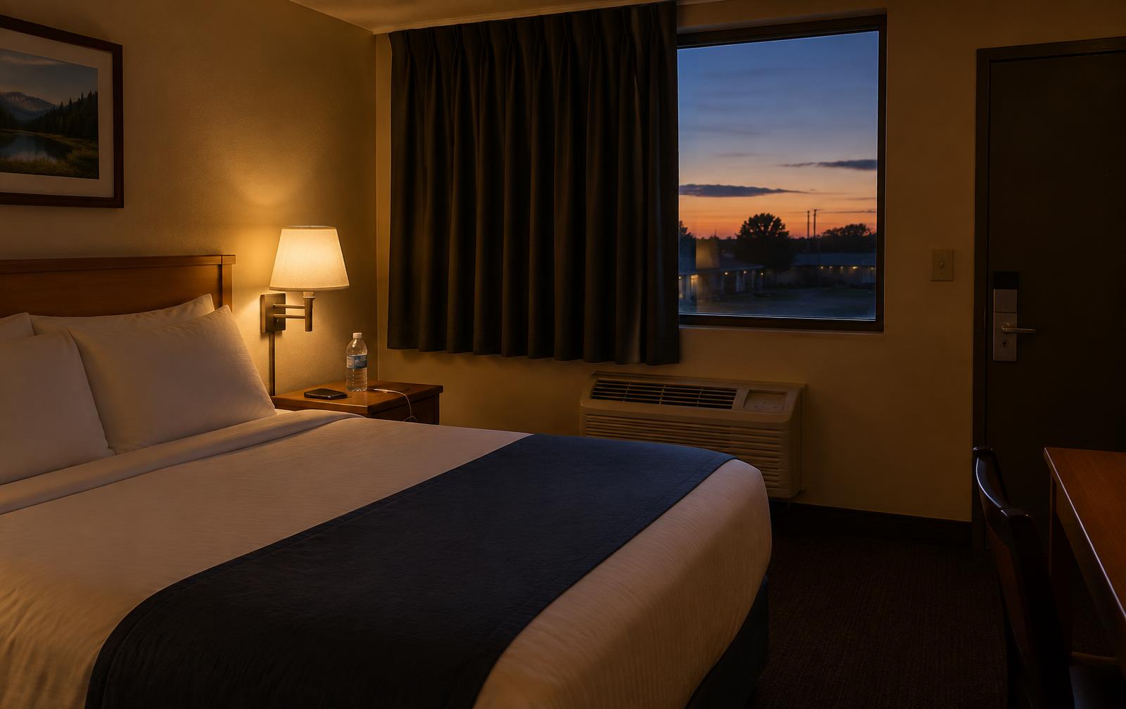 Simple room at dusk with a made bed, drawn curtain and charging phone