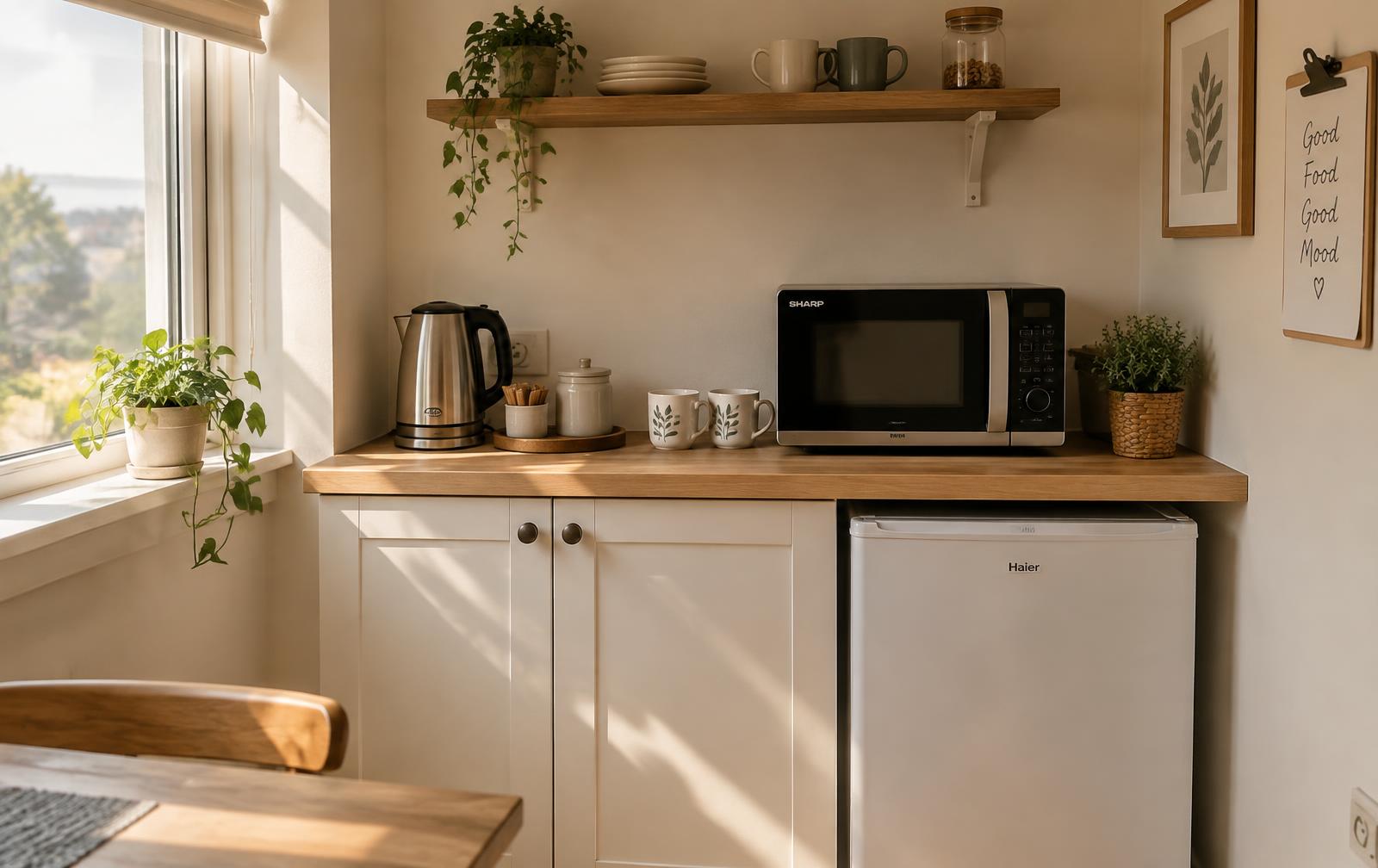 Small kitchenette counter with a kettle, microwave, mini fridge and mugs