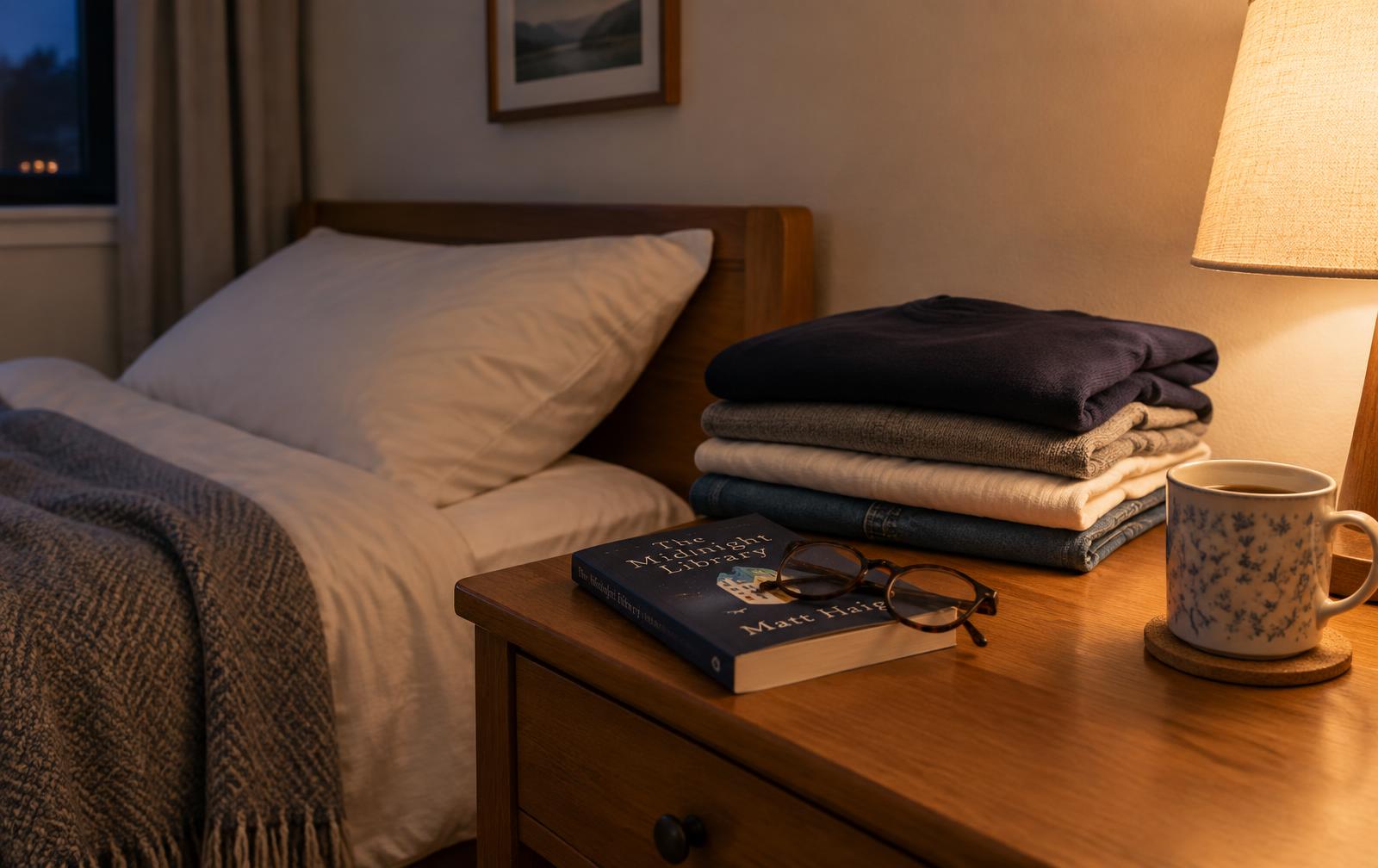 Bedside table with folded laundry, a book, glasses and a mug in lamplight