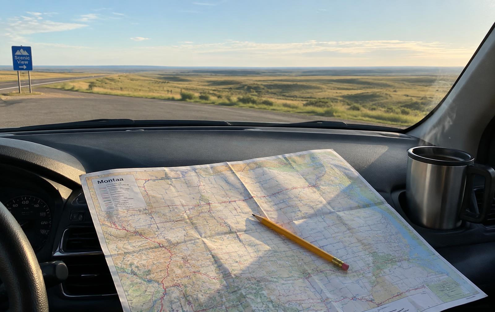 Paper road map and pencil on a car dashboard at a highway pull-off
