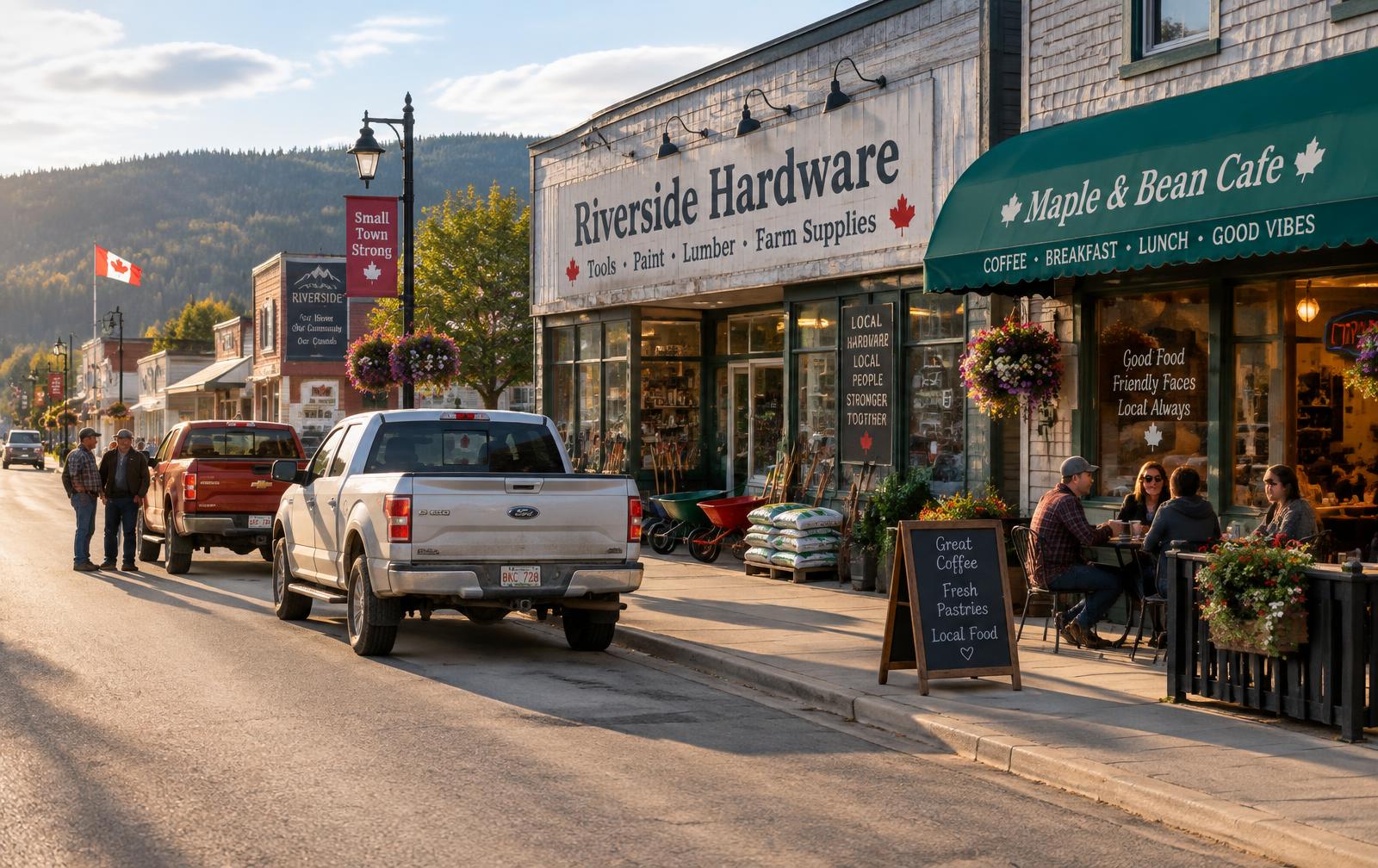 Small town main street with a hardware store, cafe and parked pickup trucks