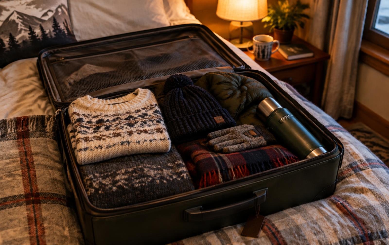 Open suitcase packed with wool sweaters, a toque, gloves and a thermos