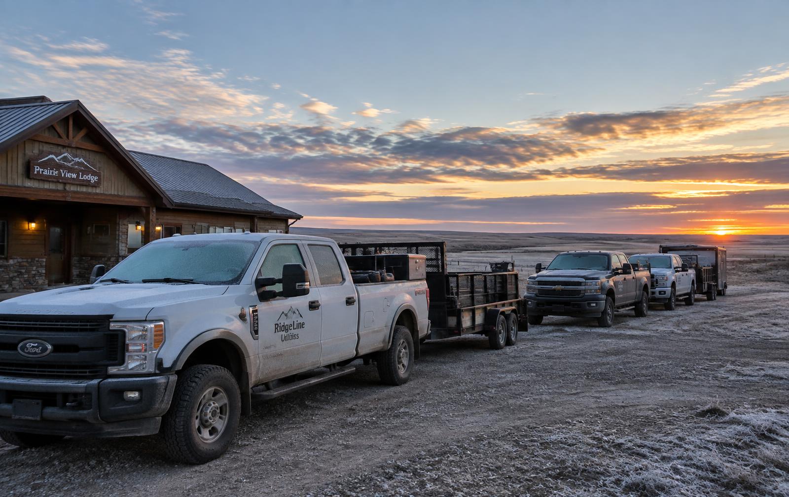 Row of work crew trucks and trailers parked outside rural lodging at dawn